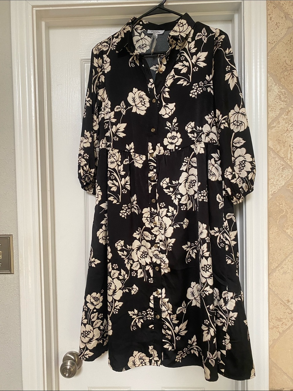 Polagram Black Dress with Cream Floral Print